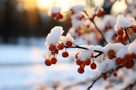 雪莓娘冬日阳光下覆盖着冰雪的莓果背景