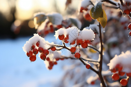 冬日霜雪下的红浆果高清图片