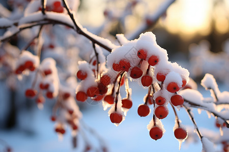 雪红果冬日红果上的雪花背景