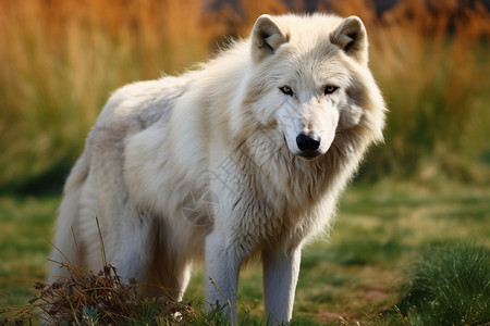北极动物白狼站在草原上背景