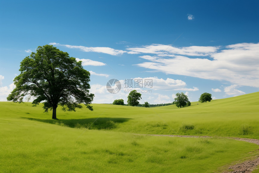 青葱草地上的孤独大树图片