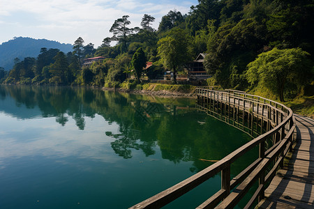 单独地岛屿旅游地湖泊上的桥背景