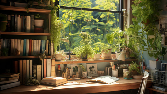 室内绿色植物温暖的书房桌子插画
