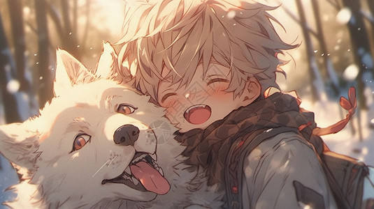 开心的白狼和男孩背景图片