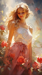 玫瑰园里的女孩背景图片