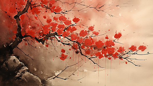 红色花朵的水墨画背景图片