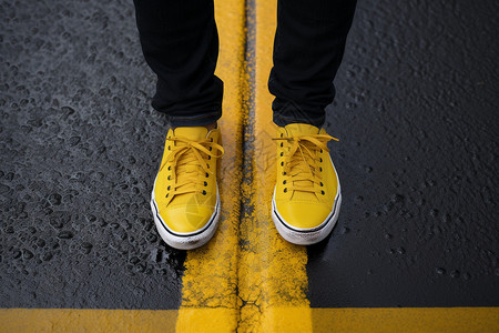 一个人站在黄线上的鞋子高清图片