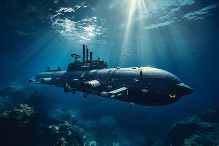 乘坐潜艇去深海深海航行的现代潜艇背景