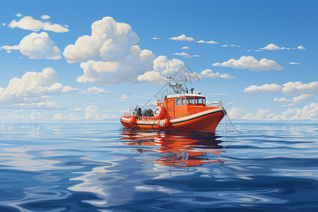机动救生艇碧海蓝天中停靠的小船插画