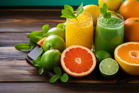 新鲜的橙汁和水果高清图片