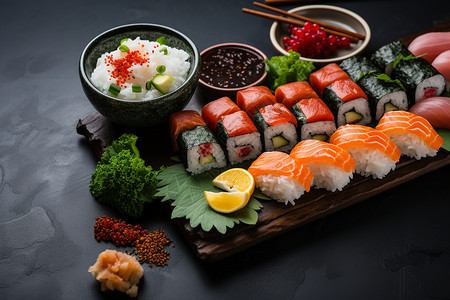 生鱼片寿司和新鲜蔬菜高清图片