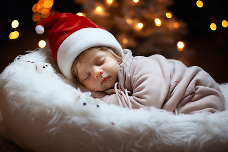 戴着帽子的小孩戴着圣诞帽睡觉的婴儿背景