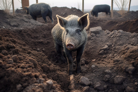 猪站在泥地里图片