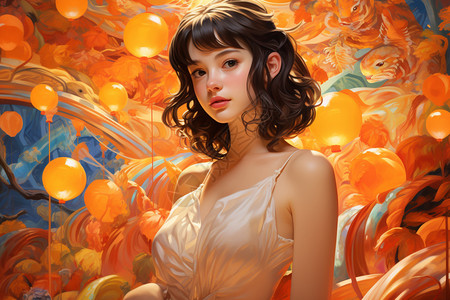 橙色泡泡包围的女人背景图片