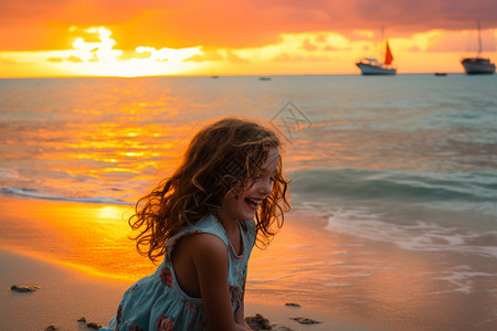 夏日沙滩小女孩夏日海边的小背景