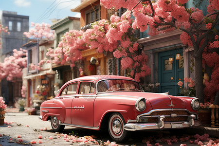 樱花下的车辆与建筑背景图片