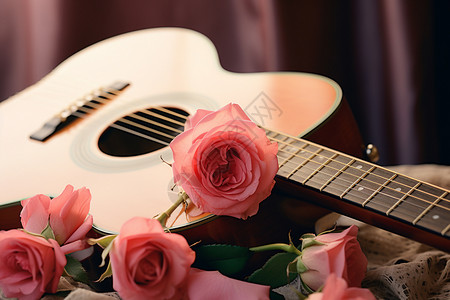 吉他玫瑰浪漫的吉他和玫瑰花背景