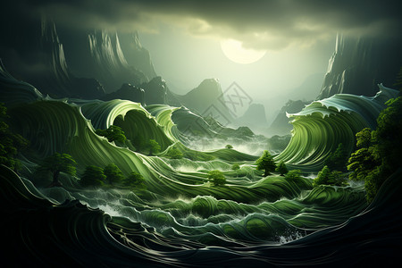 绿色波浪曲线图片
