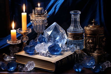 紫水晶瓶神秘的蓝宝石簇背景