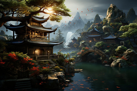 中国园林绘画背景图片