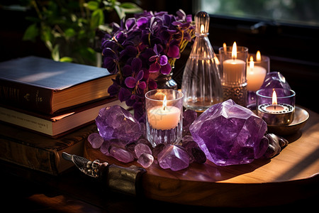 紫水晶瓶晨光中的紫水晶背景