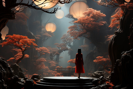 梦幻森林中的红衣女子图片