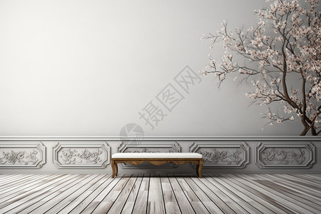 墙纸壁画花树壁画下的凳子背景