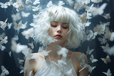 白发少女与白蝴蝶背景图片