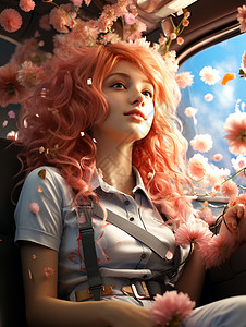 女孩坐在铺满鲜花的车里背景图片