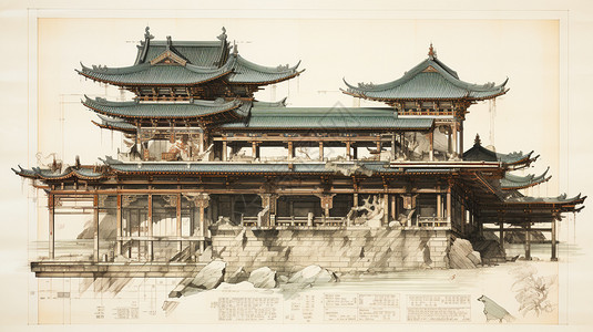 仿古中国古建筑插画背景图片