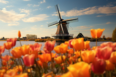 荷兰风车插画湖面上的郁金香背景