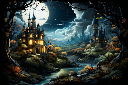 梦幻的月夜童话背景图片
