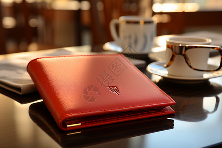 美轮美奂的红色钱包，摆在桌子上，咖啡杯和玻璃杯旁边。背景图片