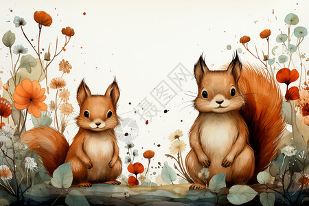 三只松鼠素材花草绘本的松鼠插画