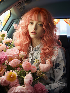 少女坐在花朵的车内图片