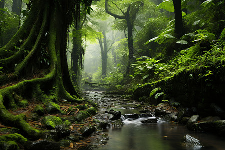 树木和岩石被苔藓覆盖的森林图片