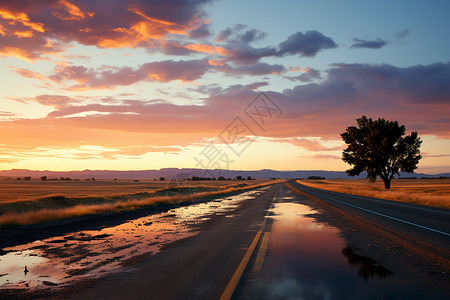雨后公路美丽的夕阳荒野公路背景