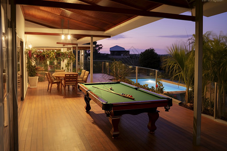 夏季别墅阳台上的台球桌背景图片
