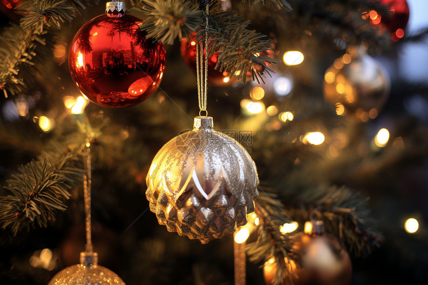圣诞树上的金色装饰球图片