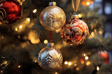 圣诞树上的闪耀装饰球图片