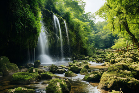 森林瀑布山水风光背景图片