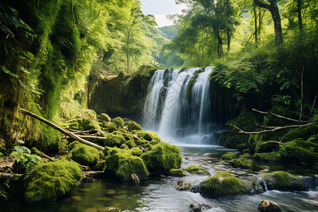 瀑布流素材清澈流水下的绿色森林背景