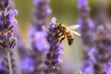 蜜蜂飞舞在太阳下的一朵薰衣草花上高清图片