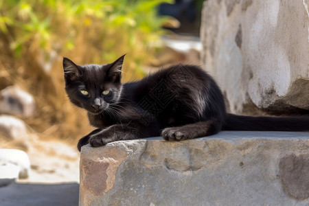 小黑猫在石头上趴着背景