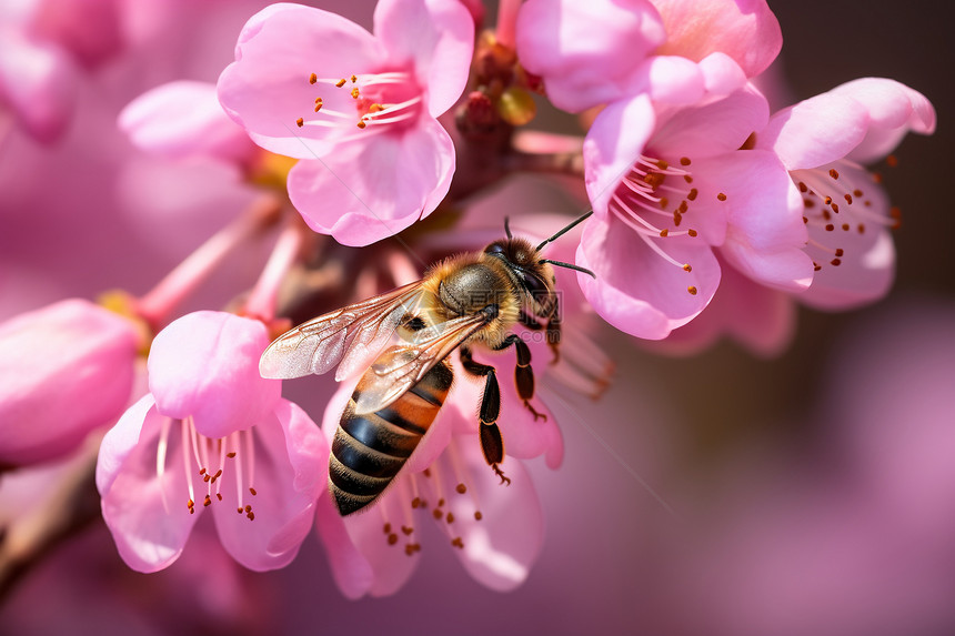 粉色花朵上栖息蜜蜂图片