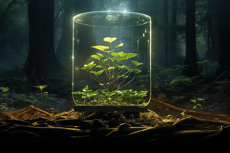 枫叶幼苗绿叶玻璃容器内生长的植物设计图片