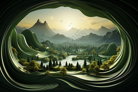 抽象绿色山川河流背景图片