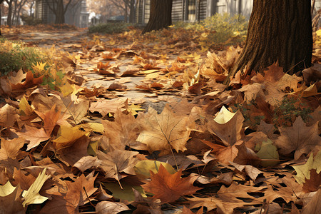 秋季树林小路上的落叶图片