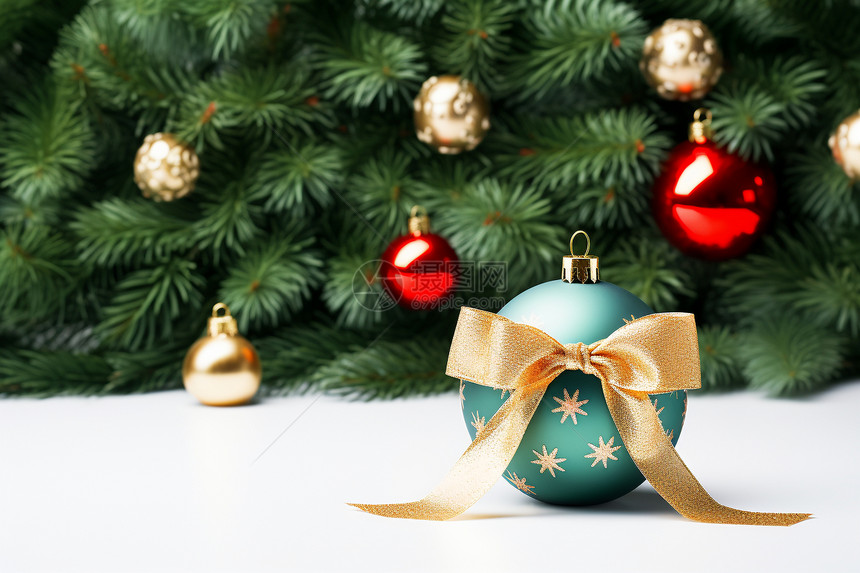 丝带包装的圣诞树装饰球图片