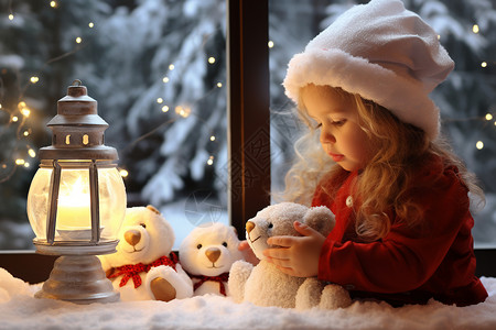 女孩和玩偶雪中烛台旁的玩偶和小女孩背景